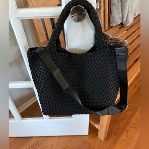 Neoprene woven black totebag with crossbody strap and zippered pouch